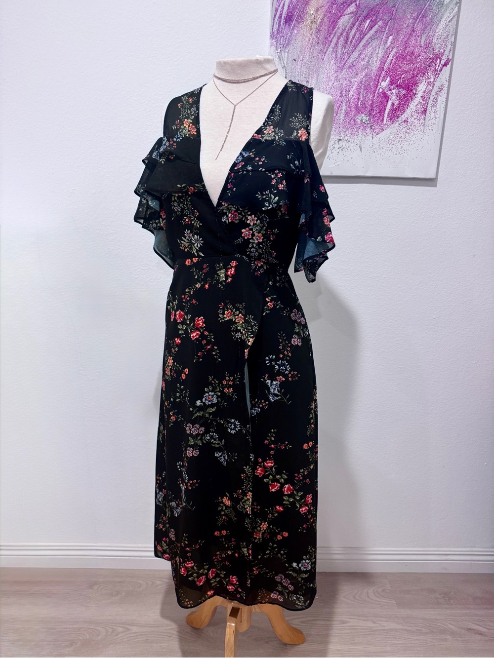 AFRM Ruffle Wrap Floral Maxi Dress Small Black